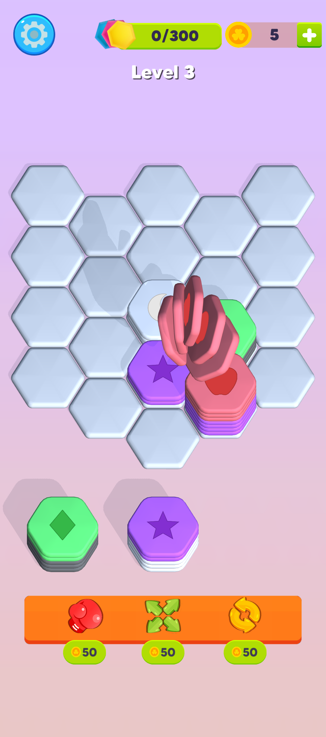 HexStack Merge stack clearing with stars