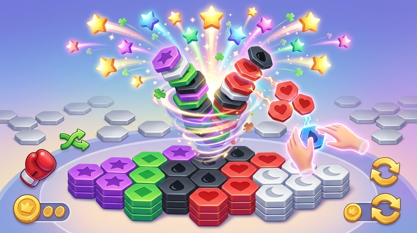 HexStack Merge colorful hex columns merging on a puzzle board