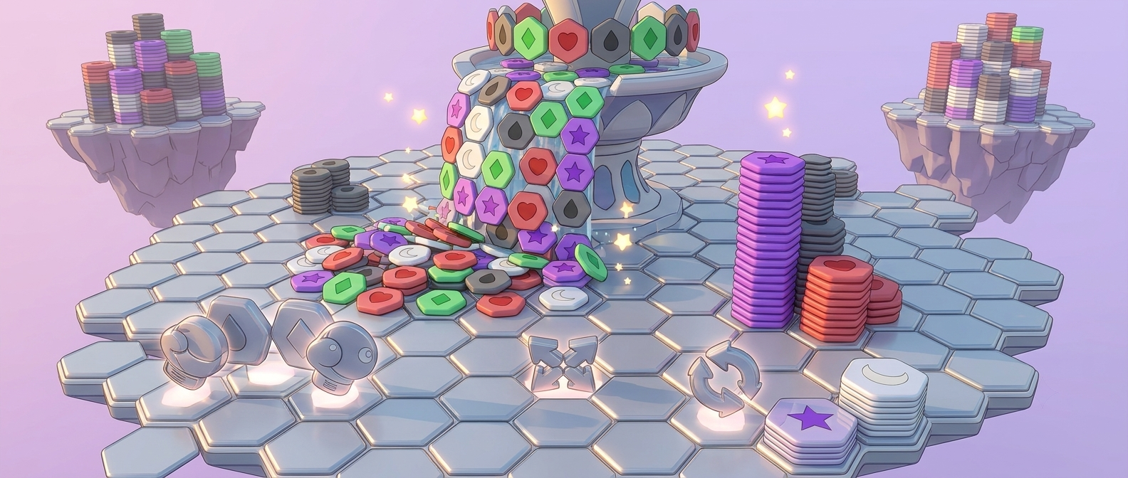 HexStack Merge booster tools including hammer, move, and shuffle