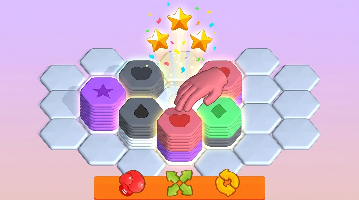 HexStack Merge board with matching stacks and reward path