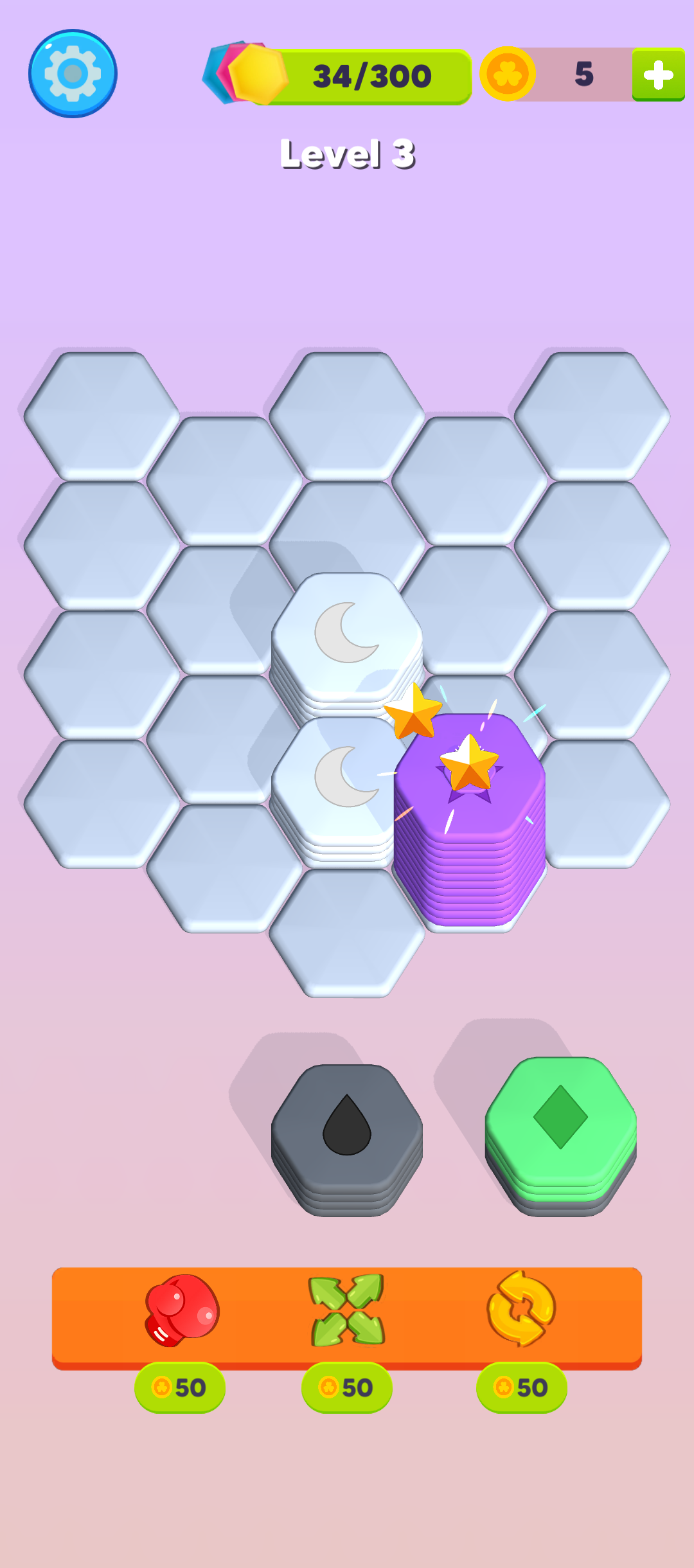 HexStack Merge hammer booster breaking a stubborn stack