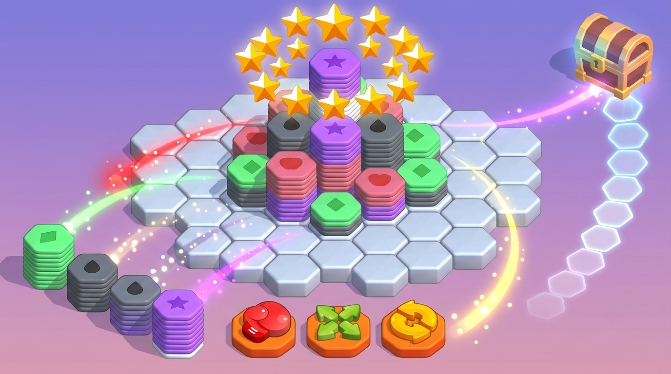 HexStack Merge level path with stacked hex columns and rewards