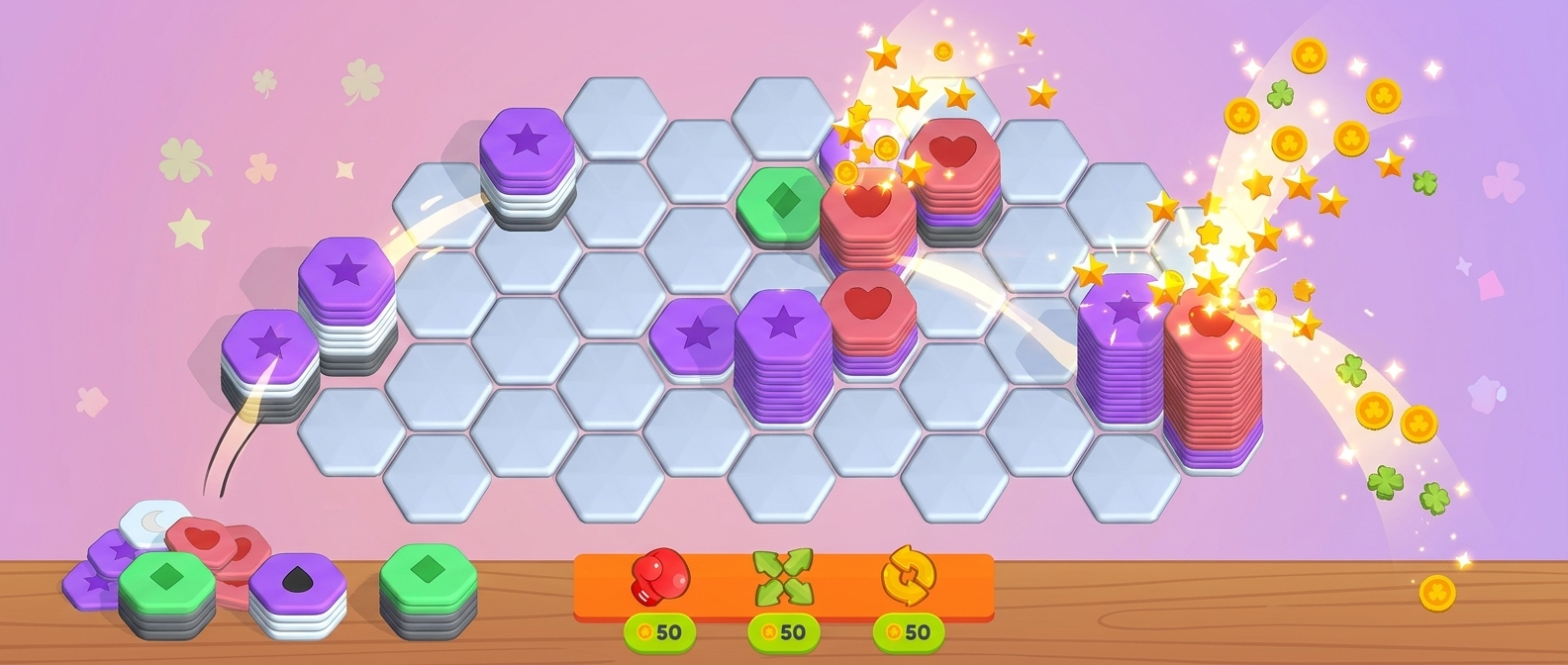 HexStack Merge board filled with colorful stacks and clear effects